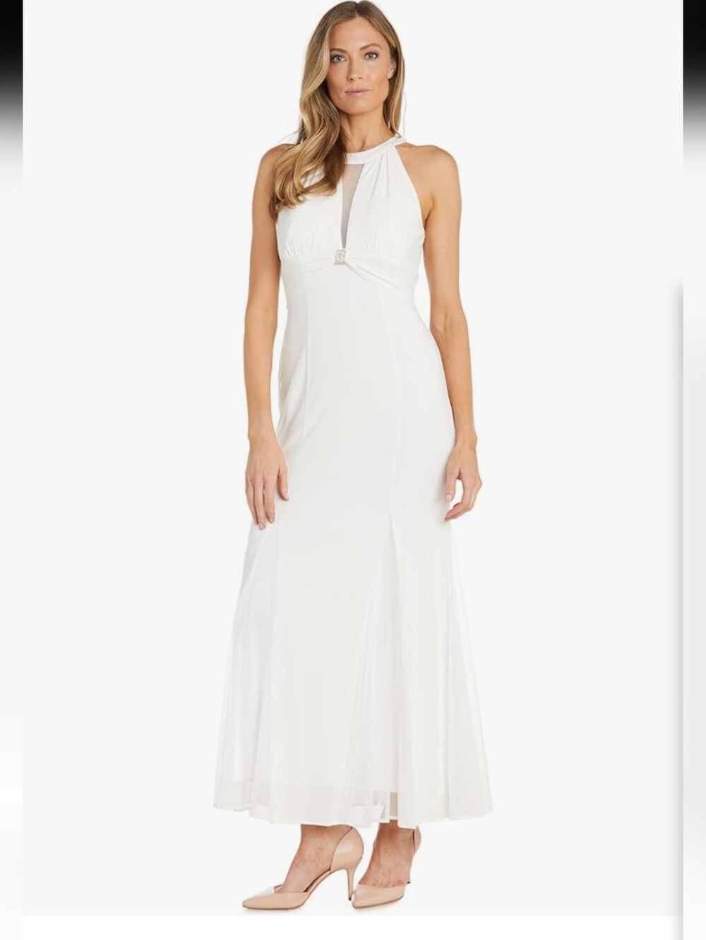 NWOT Nightway Luna elegant White Halter-Style Evening Gown Center Jewel Sz 16W